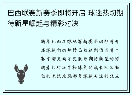 巴西联赛新赛季即将开启 球迷热切期待新星崛起与精彩对决