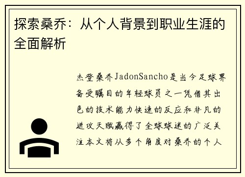 探索桑乔：从个人背景到职业生涯的全面解析